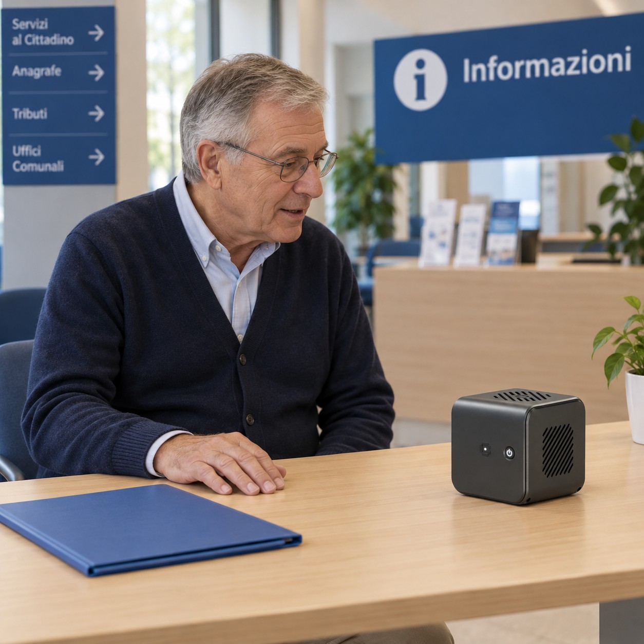 Un cittadino anziano chiede indicazioni a CUBE presso un punto informativo comunale
