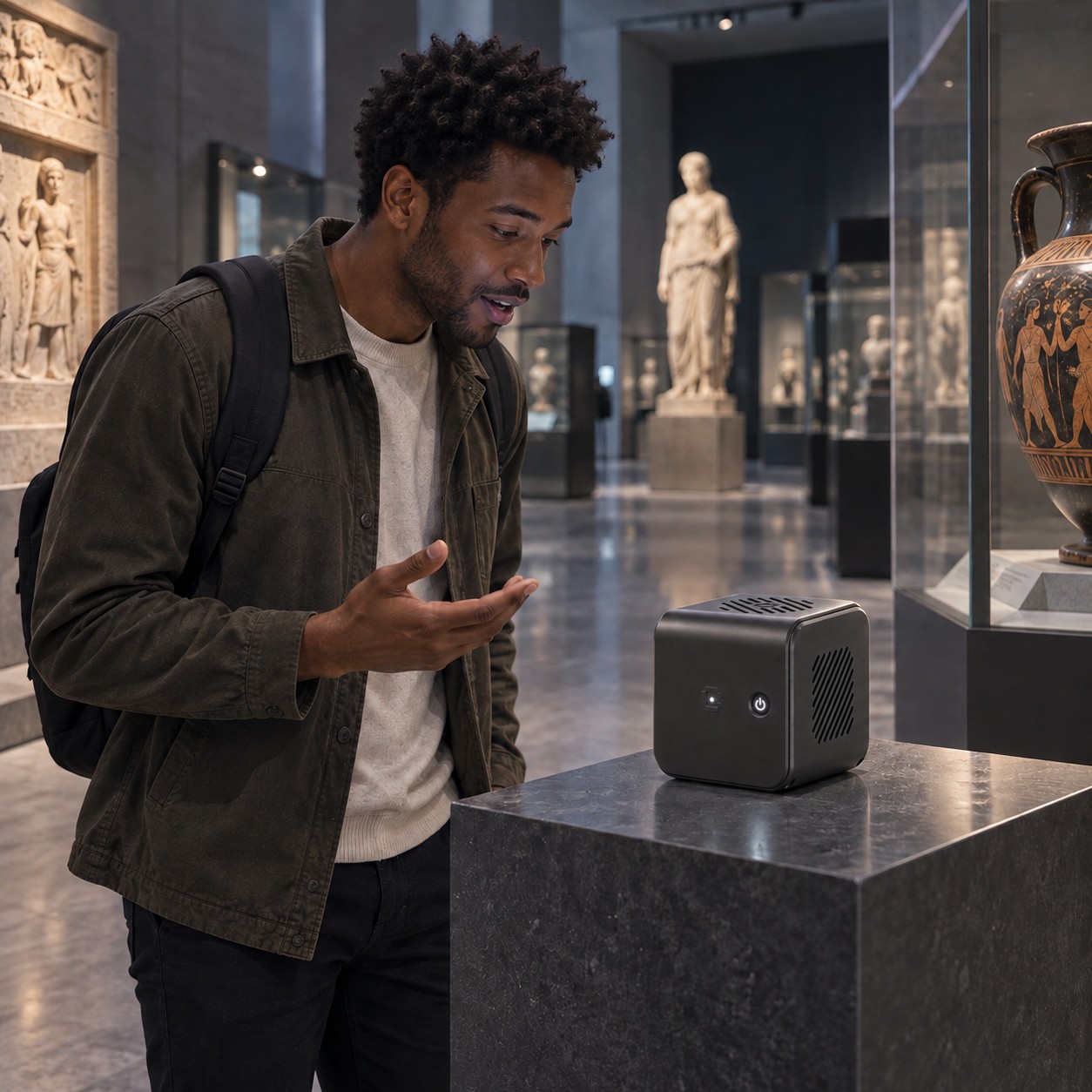 Un visitatore si rivolge a CUBE su un punto informativo vicino a un’esposizione museale