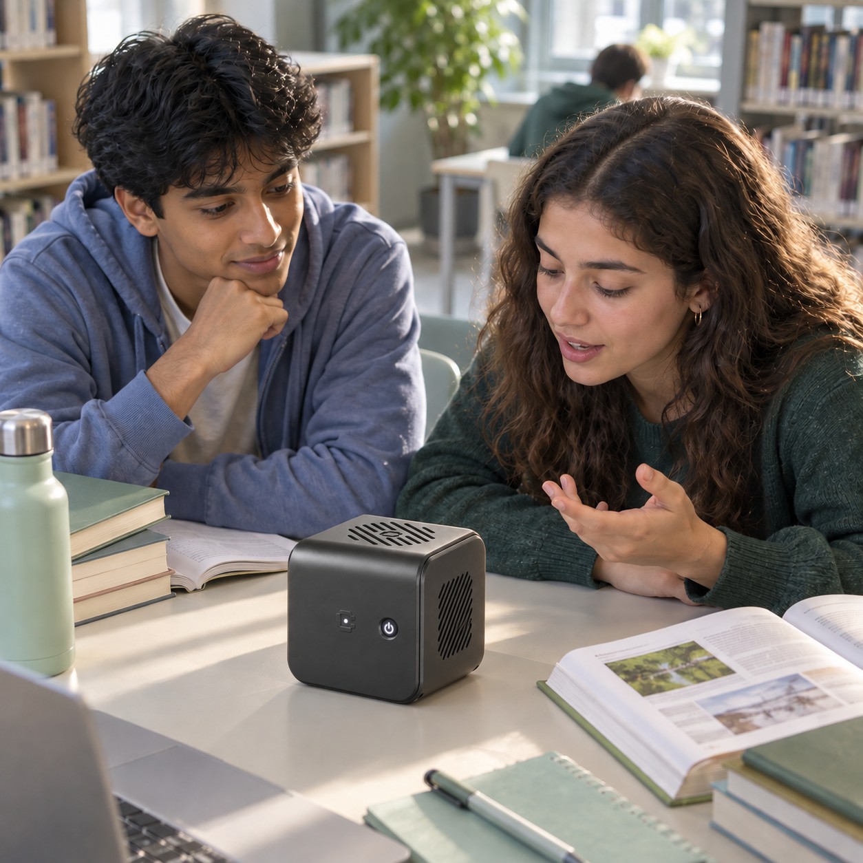 Due studenti si rivolgono direttamente a CUBE durante un’attività nella biblioteca scolastica