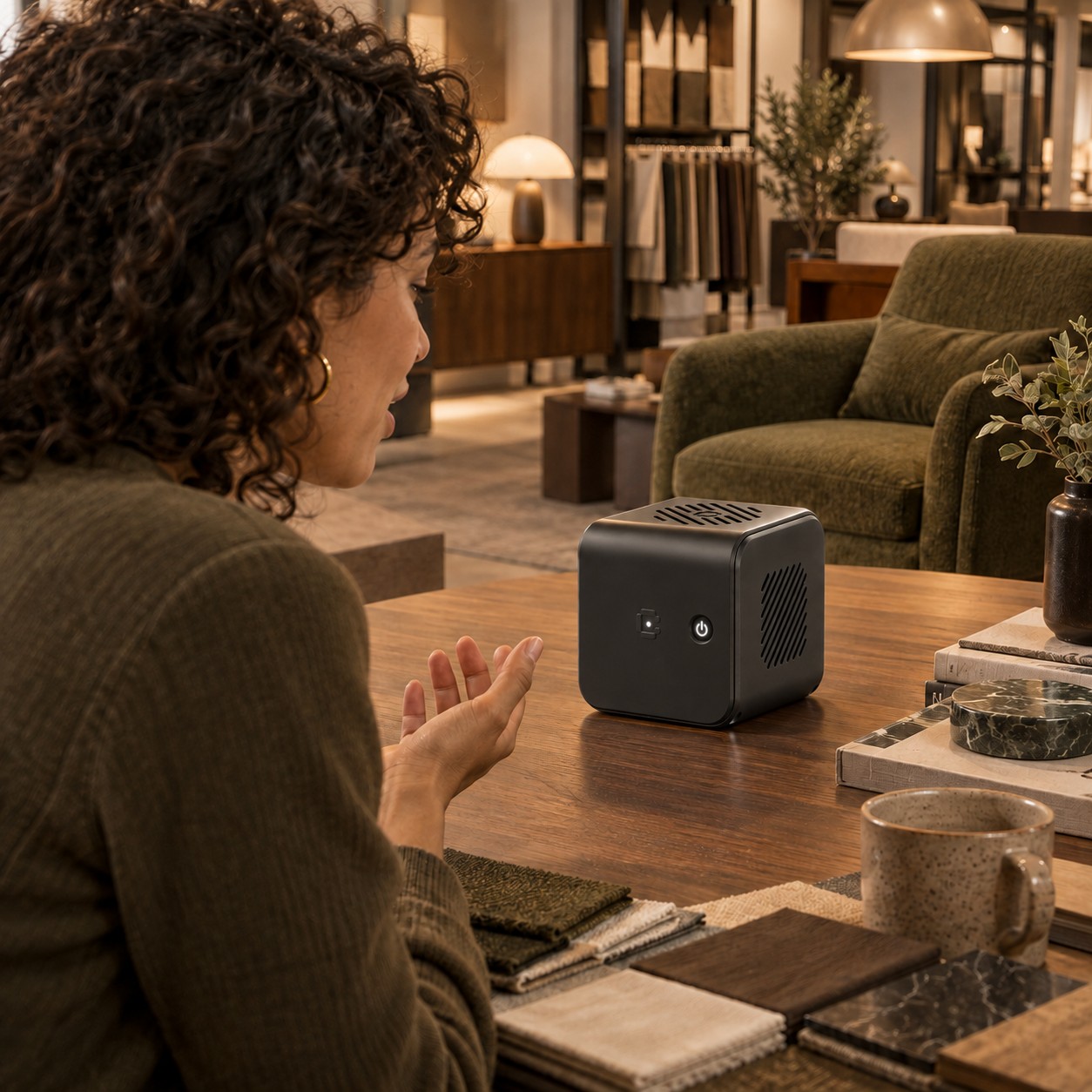 Una cliente consulta CUBE a voce in uno showroom di arredi, vicino a campioni e prodotti esposti